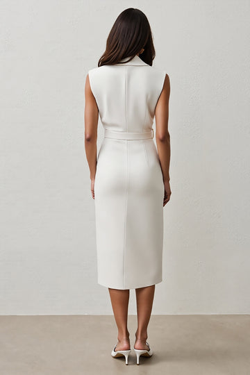 White Notched Lapel Sheath Maxi Work Dress with Belt